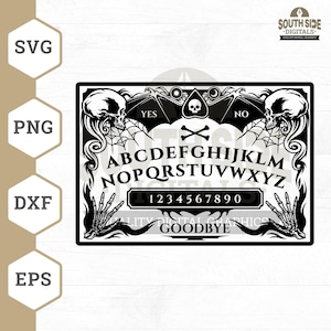 May include: Black and white graphic design of a Ouija board with a skull and crossbones at the top and the words "YES" and "NO" on either side. The board includes the alphabet, numbers 1-9 and 0, and the words "GOODBYE".