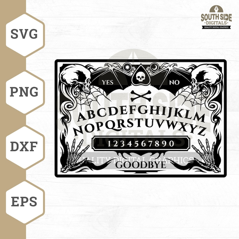 May include: Black and white graphic design of a Ouija board with a skull and crossbones at the top and the words "YES" and "NO" on either side. The board includes the alphabet, numbers 1-9 and 0, and the words "GOODBYE".