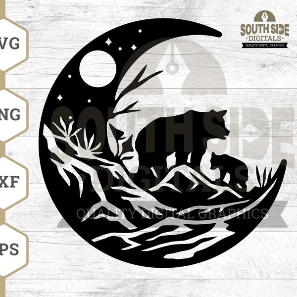 Bear and Cub under the Moon svg, Bear Moon svg, Bear svg, Moon svg, Moon Bear Shirt, Bear Clipart, Moon Png, Cut File, Dxf File