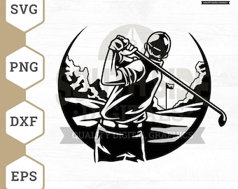 May include: Black and white silhouette of a golfer swinging a club on a golf course. The golfer is facing away from the viewer and is in the middle of their swing. The golf course is in the background and includes a green, a sand trap, and a flag.