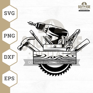 May include: Black and white illustration of a toolbox containing various tools, including a hammer, saw, drill, and plane. The toolbox is made of wood and has a wood grain texture. The tools are arranged in a way that suggests they are ready to be used. The text "South Side Digitals" is visible in the upper right corner of the image.