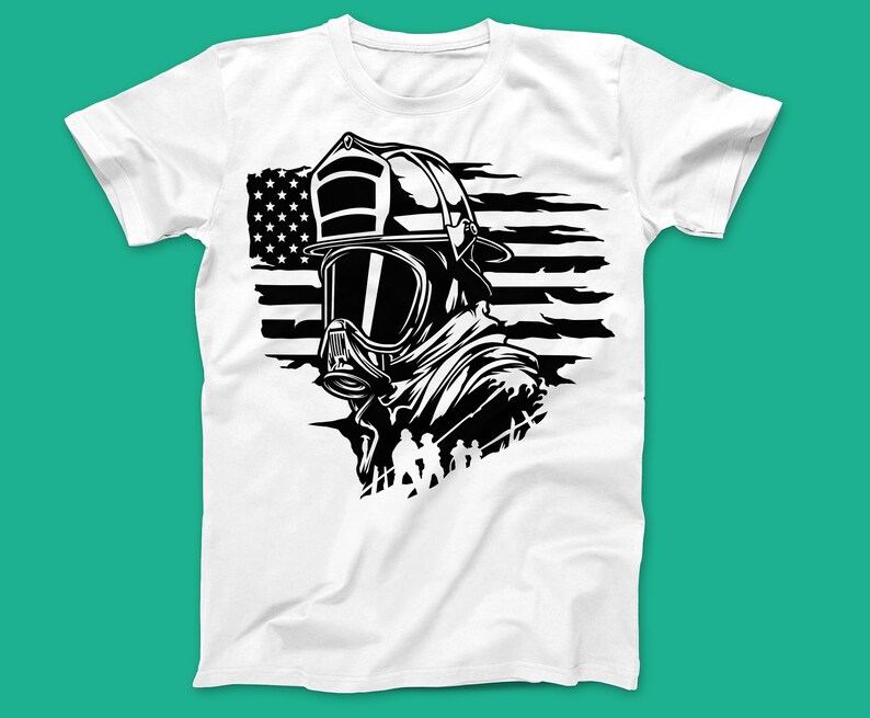 May include: A white t-shirt featuring a black and white graphic of a firefighter wearing a helmet and gas mask in front of an American flag.