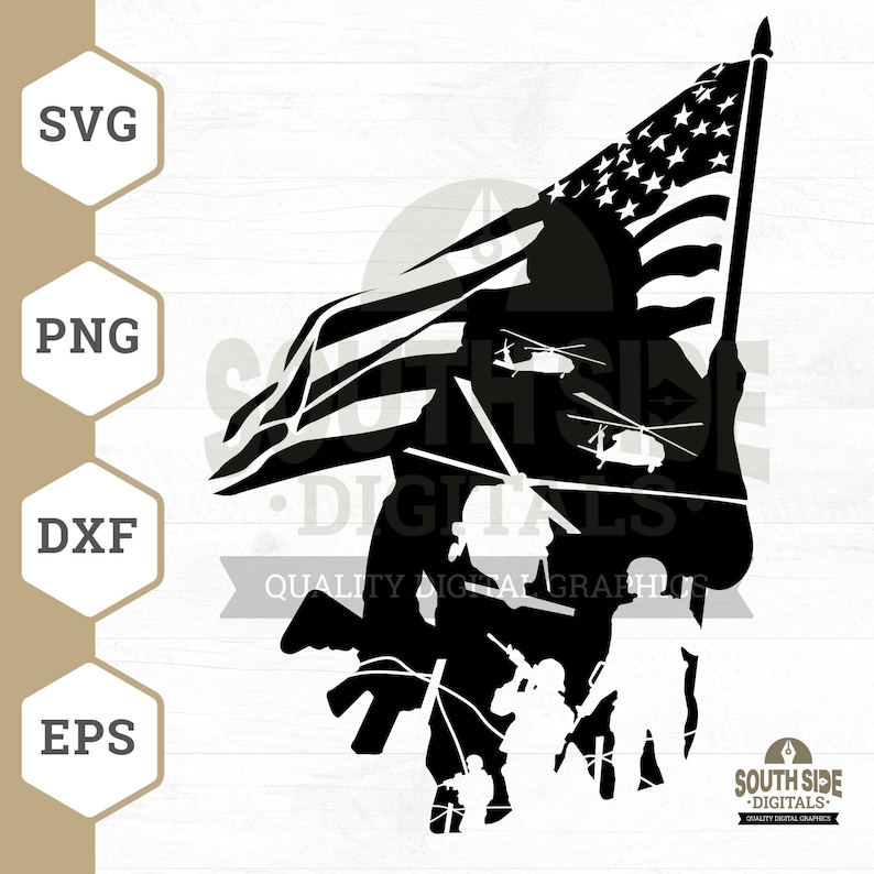 May include: Black and white silhouette of a soldier holding an American flag with helicopters flying overhead. The soldier is standing in front of other soldiers. The text "Southside Digitals" is in the bottom right corner.