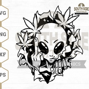 May include: Black and white illustration of an alien peeking through a torn piece of paper with a marijuana leaf behind it. The alien is making a peace sign with its finger and thumb. The text "South Side Digitals" is in the top right corner of the image.