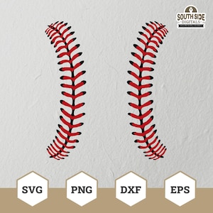 May include: Digital design featuring two curved red baseball stitches with black accents, set against a textured white background. The design includes SVG, PNG, DXF, and EPS file format options.