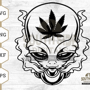 May include: Black and white illustration of an alien smoking a marijuana leaf. The alien has large eyes and a wide mouth. The marijuana leaf is in the shape of a cannabis plant.