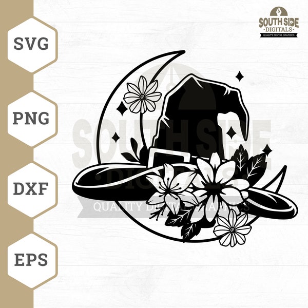 Floral Witch Hat Svg, Witchcraft svg, Witch svg, Moon Witch svg, Flower svg, Hat svg, Witch Shirt, Witch Clipart, Png, Cut File, Dxf File