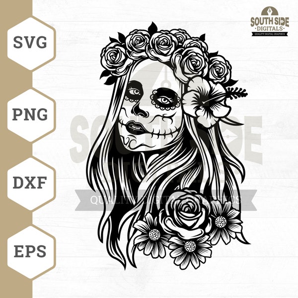 Fichier SVG fille tête de mort en sucre, tête de mort fille, svg tête de mort en sucre, tête de mort bonbon svg, svg femme tête de mort en sucre, chemises tête de mort en sucre, clipart tête de mort en sucre