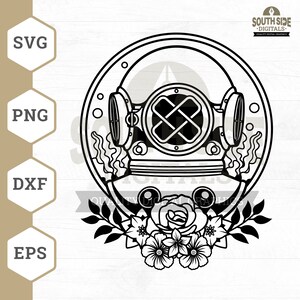 Floral Scuba Helmet svg, Scuba Helmet svg, Scuba Mask svg, Divers Helmet svg, Floral svg, Flower svg, Scuba Mask Shirt, Scuba Clipart, Png