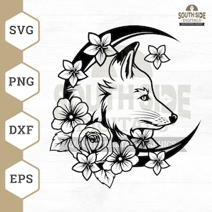 Maan Fox SVG-bestand, Flower Fox SVG, Fox in de maan SVG, maan SVG, Fox SVG, bloem SVG, Moon Fox shirt, Cricut, clipart, PNG
