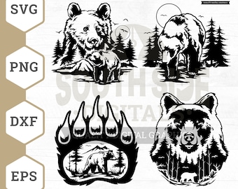 May include: A set of four black and white bear silhouette designs. The designs include a bear with a cub, a bear walking in the woods, a bear paw print with a bear walking in the woods inside the print, and a bear's head with trees behind it. The designs are perfect for crafting projects, scrapbooking, and more.
