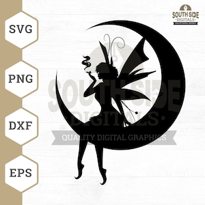 May include: Black silhouette of a fairy sitting on a crescent moon. The fairy has wings and is holding a cigarette. The text "SOUTH SIDE DIGITALS. QUALITY DIGITAL GRAPHICS" is at the top of the image.