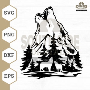 May include: Black and white silhouette of a wolf howling at the moon, standing on a mountain with trees and snow. The wolf's head is turned to the side, and its mouth is open in a howl. The mountain is in the background, and the trees are in the foreground. The snow is falling from the sky.