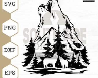 Howling Wolf Mountain Scene SVG PNG: Wolf Pack Clipart (Digital Files)