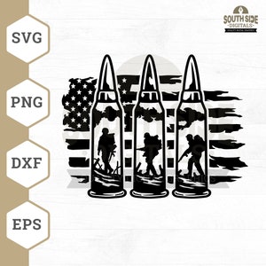 May include: Black and white graphic design featuring three bullet casings with silhouettes of soldiers inside. An American flag is in the background. The image includes the text "SVG", "PNG", "DXF", and "EPS".
