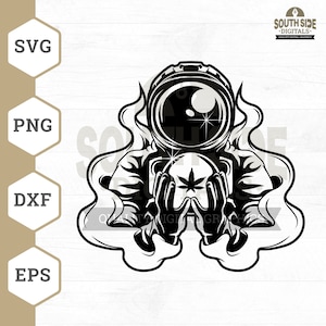 Puede incluir: Ilustración en blanco y negro de un astronauta sosteniendo un orbe brillante con una hoja de marihuana en su interior. El astronauta está rodeado de humo.