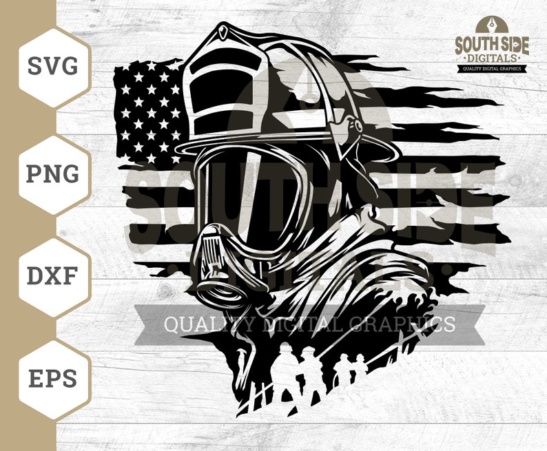 May include: Black and white silhouette of a firefighter wearing a helmet and breathing apparatus, standing in front of a distressed American flag. The text "QUALITY DIGITAL GRAPHICS" is at the bottom of the image.