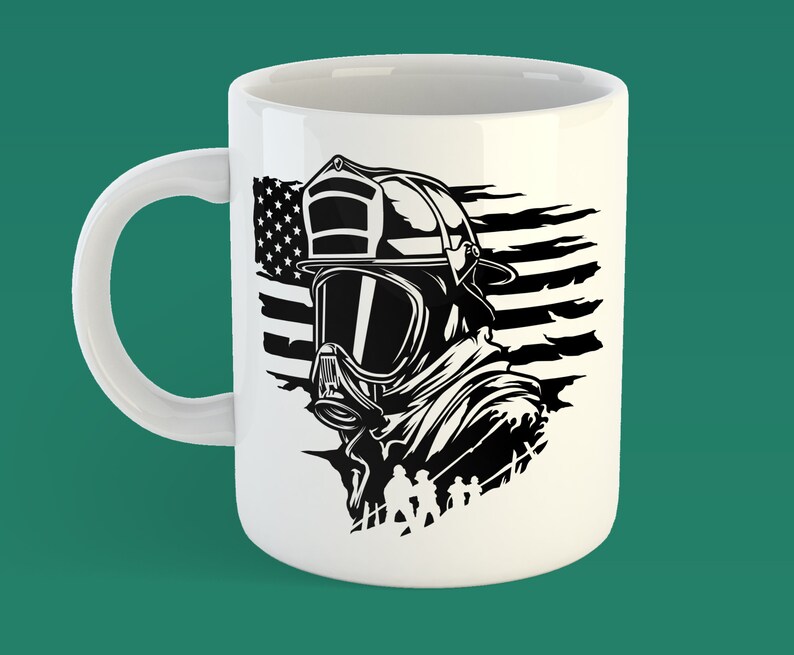 May include: White ceramic mug featuring a black and white illustration of a firefighter wearing a helmet and a gas mask. The firefighter is standing in front of an American flag.