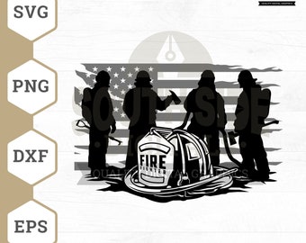 May include: Silhouette of three firefighters standing in front of an American flag with a fire helmet in the foreground. The helmet has the words "Fire Fighter" on it.