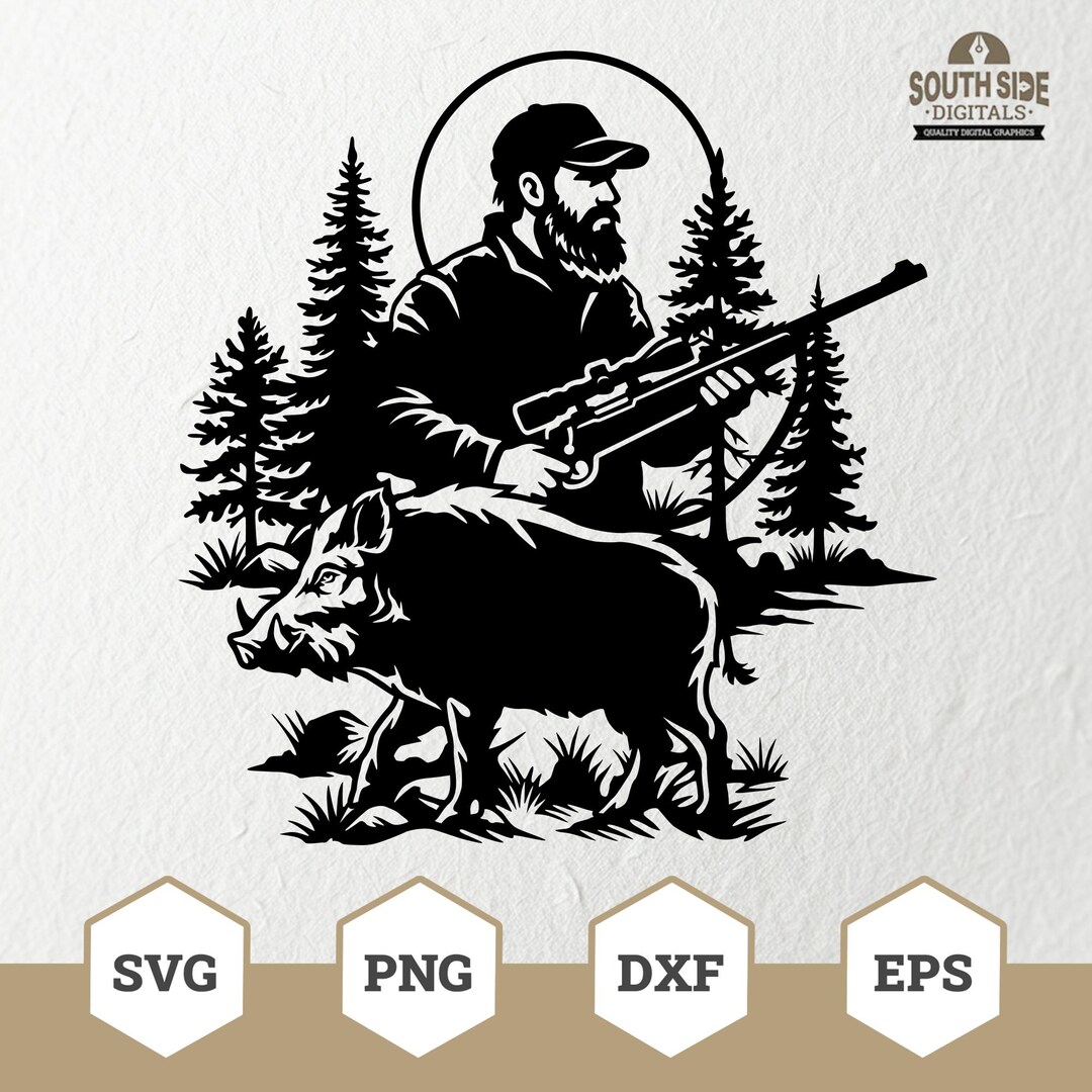 Wild Boar Hunting Outdoor Scene SVG | Hunting Silhouette Clipart | Boar ...