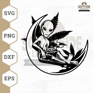 May include: Black and white illustration of an alien sitting on a crescent moon with a marijuana leaf behind it.