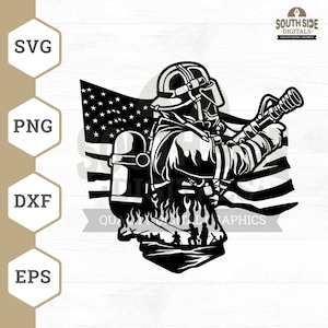 May include: Black and white illustration of a firefighter holding a hose in front of an American flag. The firefighter is wearing a helmet and a gas mask. The flames are depicted below the firefighter.