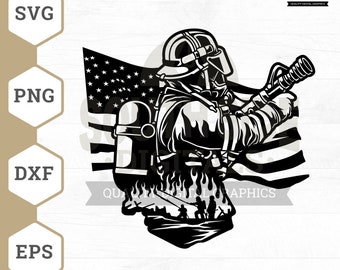 May include: Black and white illustration of a firefighter holding a hose in front of an American flag. The firefighter is wearing a helmet and a gas mask. The flames are depicted below the firefighter.