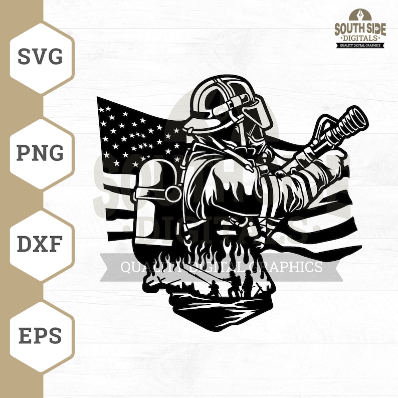 May include: Black and white illustration of a firefighter holding a hose in front of an American flag. The firefighter is wearing a helmet and a gas mask. The flames are depicted below the firefighter.