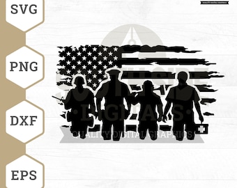 May include: Silhouettes of four figures representing different professions, including a police officer, firefighter, soldier, and a medical professional, standing in front of a distressed American flag. The text "SOUTH SIDE • DIGITALS." and "QUALITY DIGITAL GRAPHICS" is visible at the top of the image.