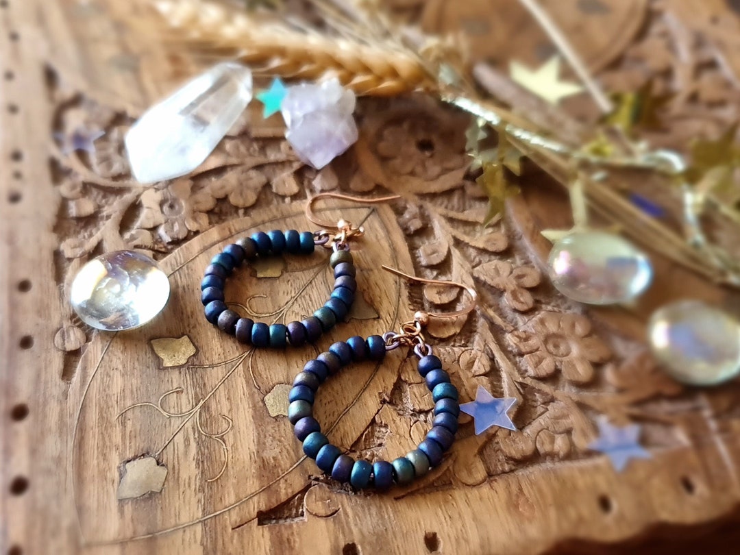 Metallic Glass Bead Hoop Earrings Small Blue Boho Beaded Hoops With