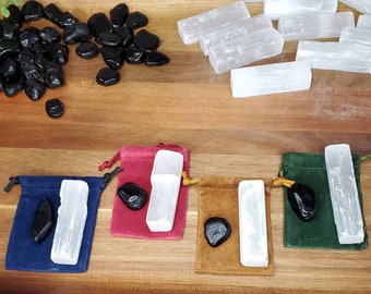 Pocket Protection Bundle | Selenite Stick and Black Tourmaline Tumble with Felt Bag | Crystal Bundle