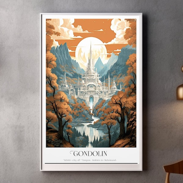 Gondolin Travel Poster - Silmarillion inspired, Lord of the rings, Middle Earth landscape, for Tolkien fan, Geek, Wall Print, comic con