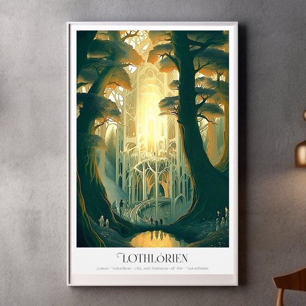 Lothlórien Travel Poster - Silmarillion inspired, Lord of the rings, Middle Earth landscape, for Tolkien fan, Geek, Wall Print, comic con