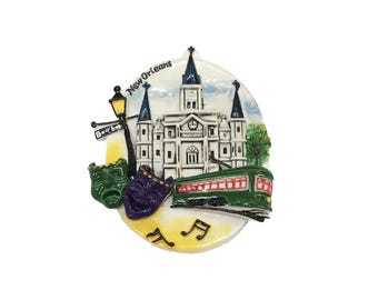 Cathedral with Streetcar and New Orleans Icons Circular Magnet