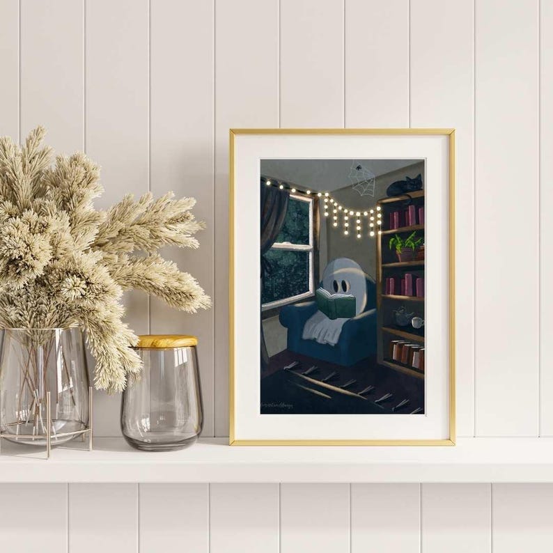 Spooky Halloween Reading Ghost Watercolor Art Print Digital Download or