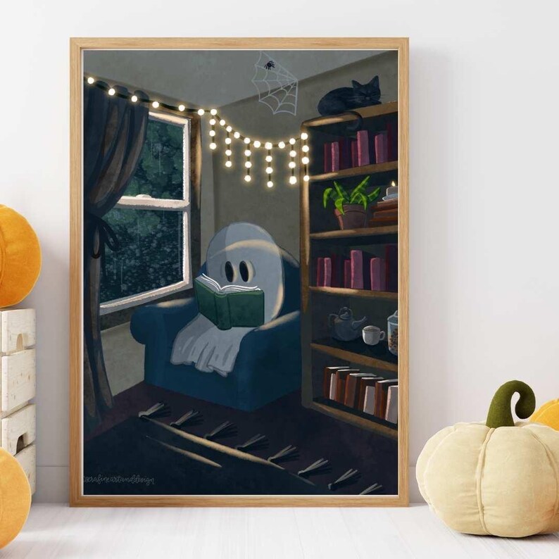 Spooky Halloween Reading Ghost Watercolor Art Print Digital Download or