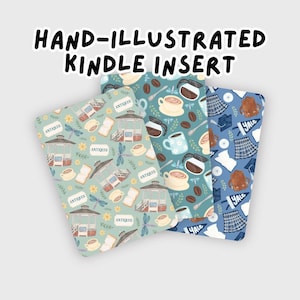 May include: Hand-illustrated Kindle inserts with various patterns. One features a gazebo, bread, and antique labels. Another showcases coffee cups, beans, and teapots. The third displays skirts, backpacks, and the word "Yale".