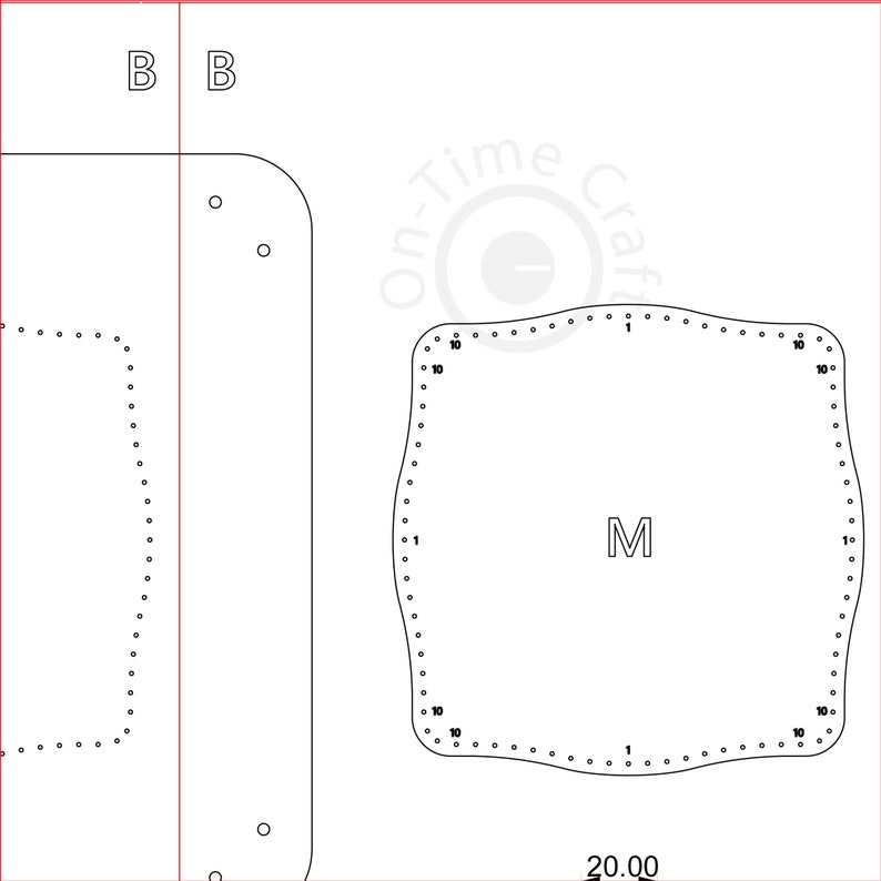 May include: A white, vector-style design with the text "On-Time Craft" and the letter "M". The design includes dotted lines and the numbers "1" and "10". The measurement "20.00" is also visible.