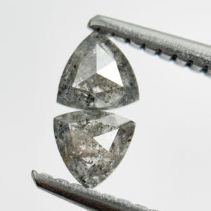 Może przedstawiać: Dwa trójkątne, szare diamenty z inkluzjami trzymane są przez metalowe narzędzie. Klejnoty mają fasetowaną powierzchnię, odbijającą światło. Diamenty są umieszczone na białym tle.