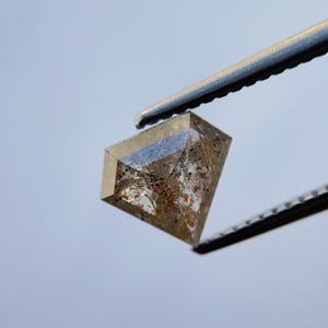 May include: A clear, faceted, brown diamond with inclusions held by tweezers against a light blue background.