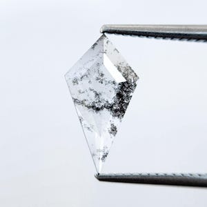 May include: A clear, kite-shaped gemstone with black inclusions, held by a pair of silver tweezers. The gemstone has a faceted cut, with a polished surface. The inclusions create a unique pattern within the stone.