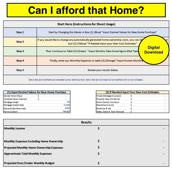 Home Buying Budget Template, How much house can I Afford?  A calculator for your first home purchase