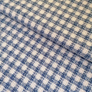 Blue White Gingham Tweed Fabric, Checkered tweed fabric, Medium Weight Woven Textile for Dresses, Jackets, Skirts