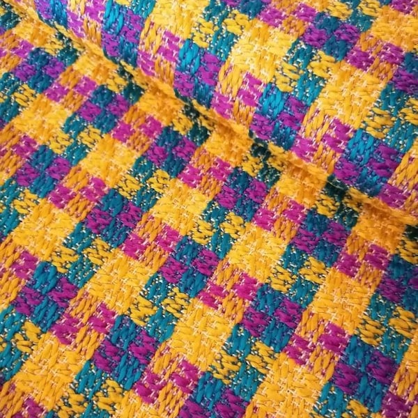 Checkered wool blend yellow, pink and blue bouclé fabric, tweed fabric, fabric by the yard