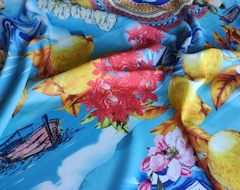 Sicilian baroque style mandala fabric for dresses, skirts and blouses, Blue majolica mosaic print, Drapey lightweight fabric by the yard.