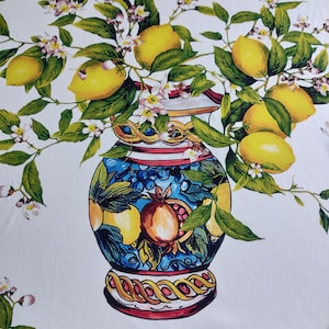Lemon Vase Print Fabric: Olive Green Sand Crepe, Drapey Lightweight Panel