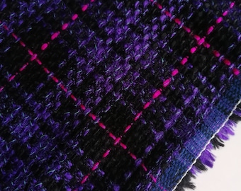 Purple wool blend plaid tweed bouclé fabric for jackets, classic tweed by the yard - Last piece 1.5m!!