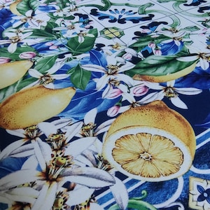 Lemon Print Moss Crepe Fabric: Blue Floral Dressmaking Fabric, lemons and lemon flowers inspired.
