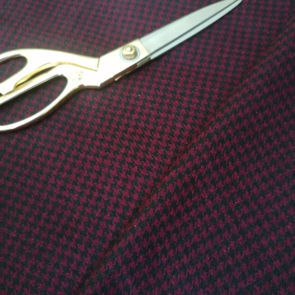 Vintage red 100% wool tweed fabric by the yard with houndstooth print for jackets and suits, pied de poule pattern fabric