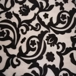 Black tulle with velvet applique, black net mesh, fabric by the yard